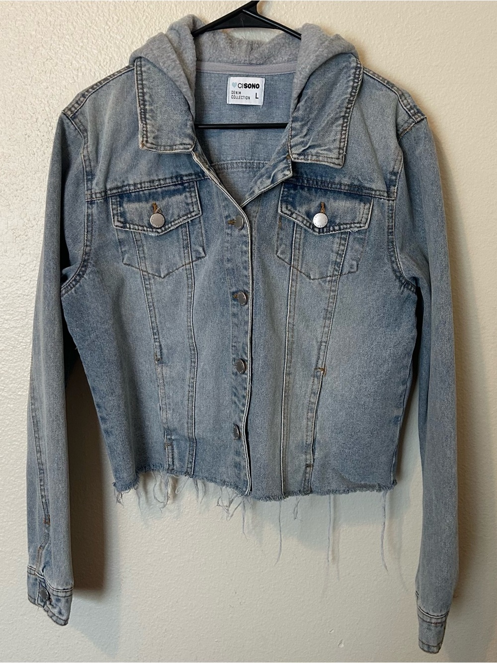 Women's CiSono Denim’s Jacket with Hood and Raw Hem Size Large